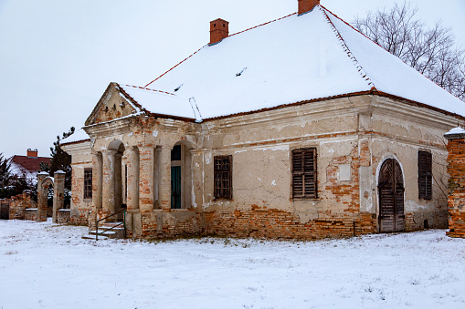Abony Hungary Jan 14, 2019: Country /A ruin of an old hunting cottage in a winter setting.