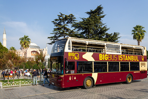 Sultanahmet, Istanbul / Turkey - October 18 2019: Big bus, hop on hop off Istanbul touristic city sightseeing tour bus