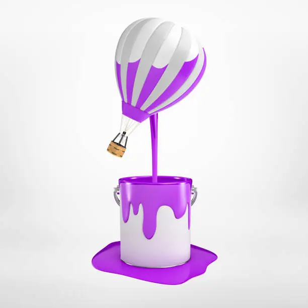 3d rendering of hot-air balloon that's been dipped in purple paint and is floating in air with half-colored stripes, paint dripping down, on light background. Art and creativity. Creative design.