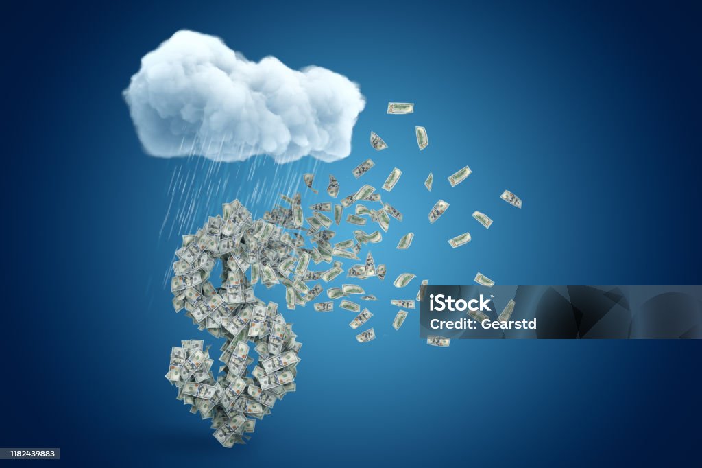 3d rendering of big dollar symbol formed with lots of banknotes that have already started to fly away, under raining cloud on blue gradient background. 3d rendering of big dollar symbol formed with lots of banknotes that have already started to fly away, under raining cloud on blue gradient background. Bankruptcy. Debt load. Money issues. Cloud Computing Stock Photo