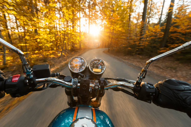 водитель мотоцикла едет в лесу - motorcycle handlebar road riding стоковые фото и изображения