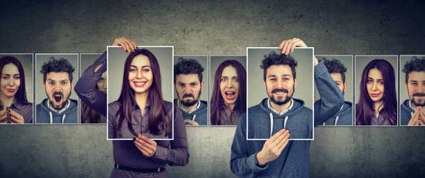 istock Balanced relationship concept. Woman and man expressing different emotions 1182440513