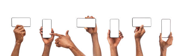 istock Set of black man's hands holding smartphone with blank screen 1182441752