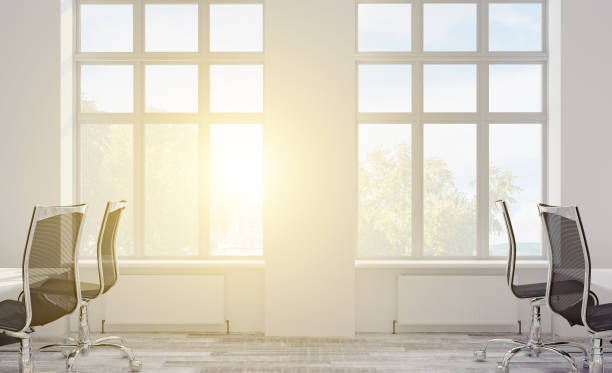 3D rendering, Manager workplace in a large office. open space. bright hues. panoramic windows overlooking the city.. Sunset