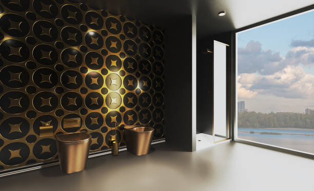 3d レンダリング。壁に暗い色と金色のタイルの大きなバスルーム。大きなパノラマの窓。金色のトイレとビデ。ロフトスタイルのシャワー - loft apartment bathroom mosaic tile ストックフォトと画像