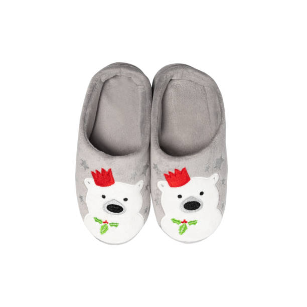 istock Christmas slippers decorated white bears isolated on white background. Clipping path. Top view 1182447239
