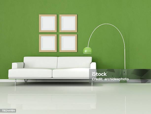 Verde Y Blanco Mínima Sala De Estar Foto de stock y más banco de imágenes de A la moda - A la moda, Acogedor, Blanco - Color