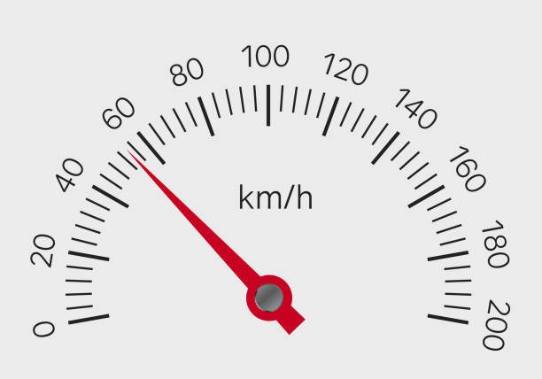 시간당 킬로미터와 빨간색 손과 검은 숫자와 속도계의 현실적인 그림. 흰색 배경에 격리 - 벡터 - petr pavel stock illustrations