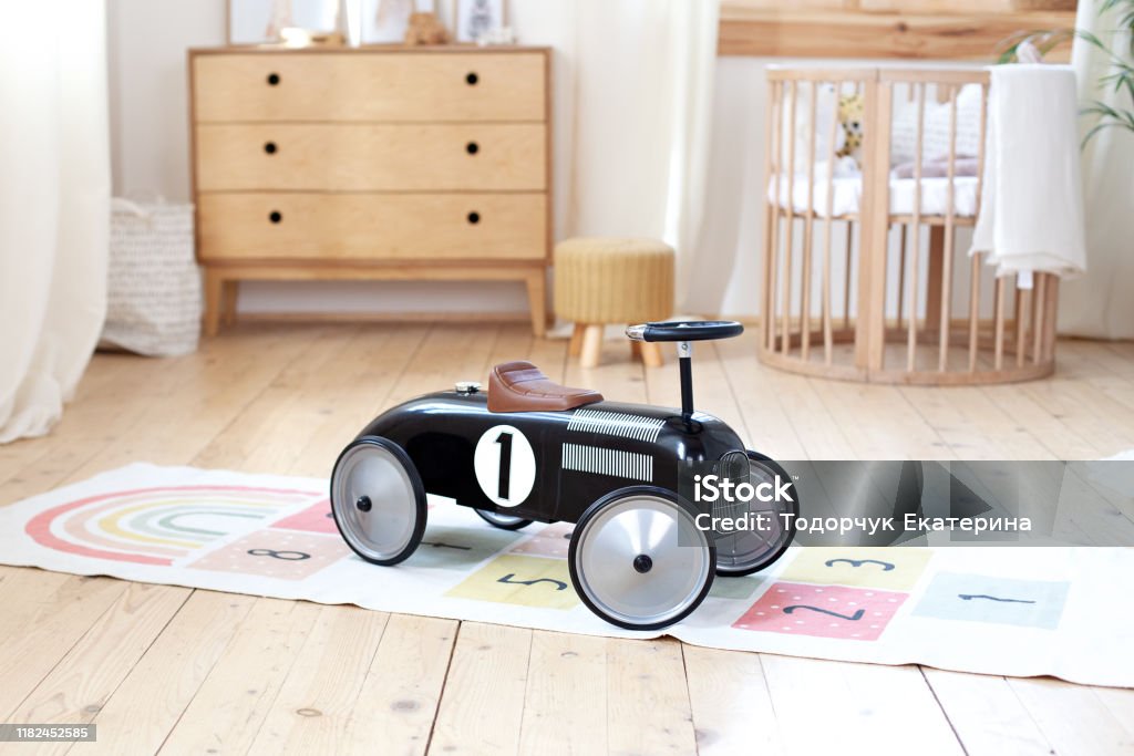 Chalet Baby Bedroom Interior With Cozy Cradle Bed Light Brown Childish Room  With Wooden Cot Cosy Home Hygge Style Design Eco House Retro Childrens  Racing Car Rustic Kindergarten Scandinavian Stock Photo 
