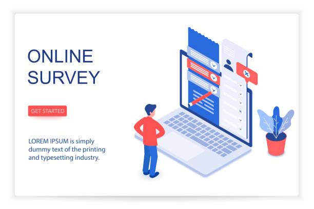 Online survey isometric landing page vector template Online survey isometric landing page vector template. Customer, client feedback, review, questionnaire 3d concept illustration. Service quality check website layout. Checklist form on laptop screen 777 stock illustrations