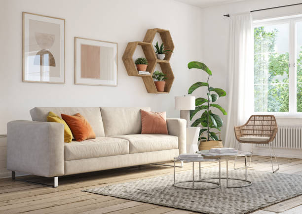 Bohemian living room interior 3d render with  beige colored furniture and wooden elements