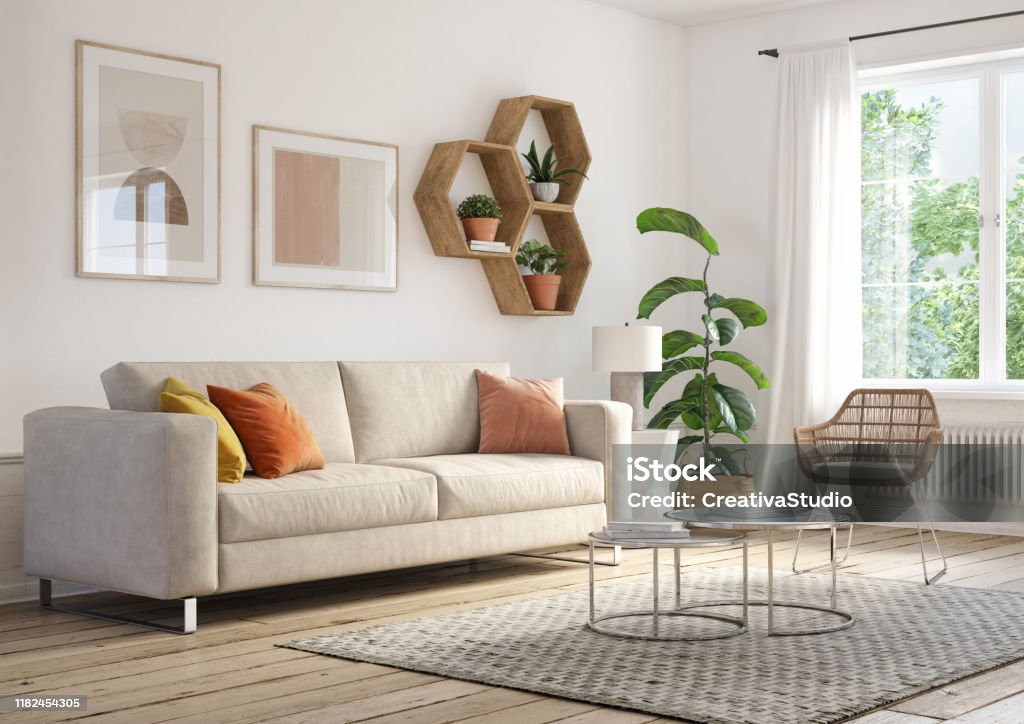 Bohemian living room interior - 3d render Bohemian living room interior 3d render with  beige colored furniture and wooden elements Living Room Stock Photo