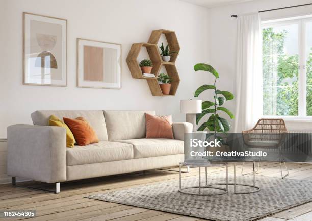Bohemian Living Room Interior 3d Render Stock Photo - Download Image Now - Living Room, Indoors, Apartment