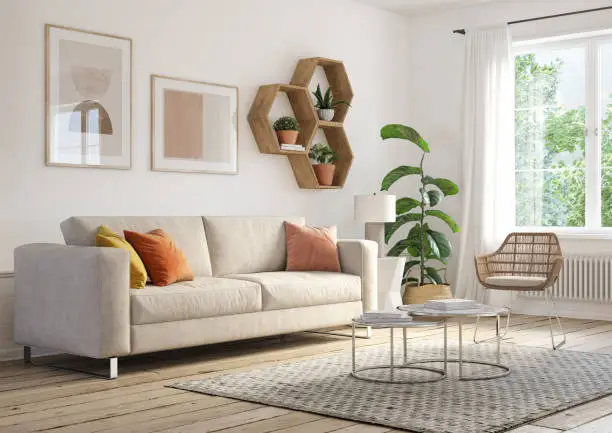 Bohemian living room interior 3d render with  beige colored furniture and wooden elements