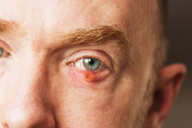 istock Man's infected eye with stye called a chalazion, caused by blocked sebaceous glad, on lower eyelid 1182454350