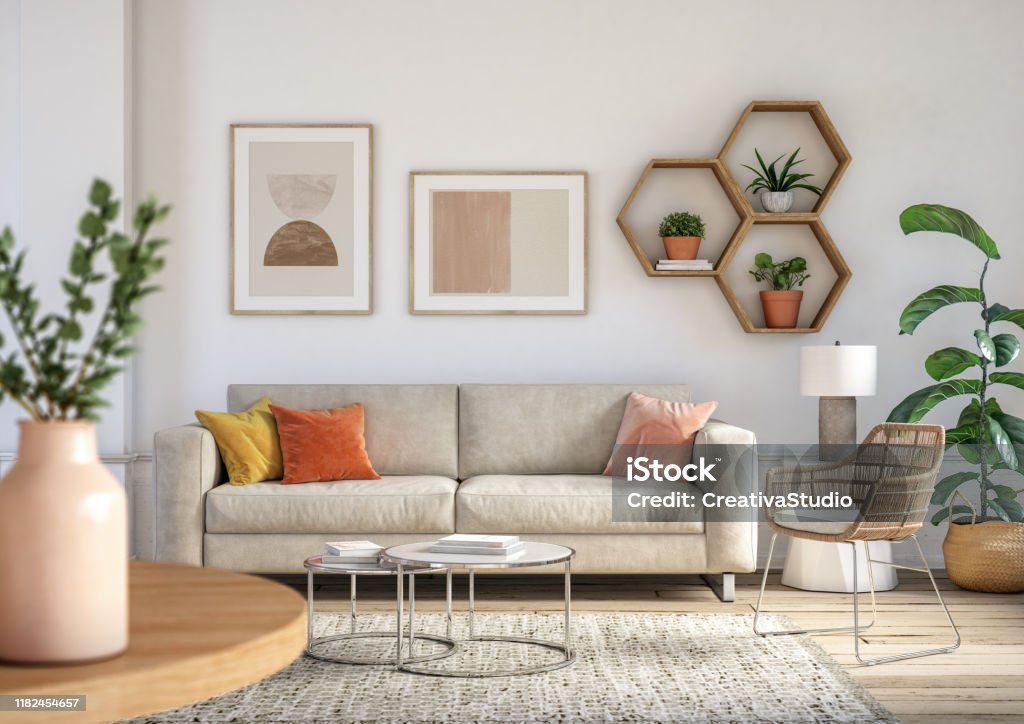 Bohemian living room interior - 3d render Bohemian living room interior 3d render with  beige colored furniture and wooden elements Living Room Stock Photo