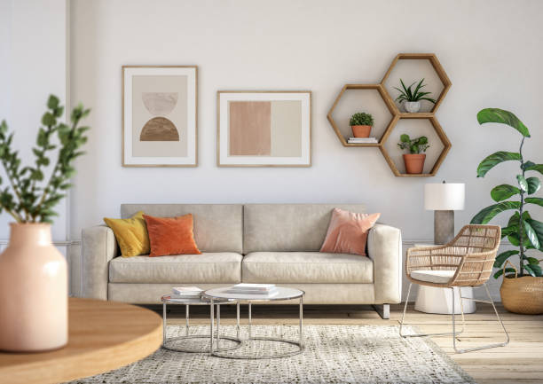 Bohemian living room interior - 3d render Bohemian living room interior 3d render with  beige colored furniture and wooden elements apartments stock pictures, royalty-free photos & images