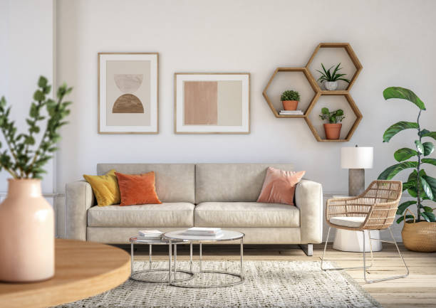 Bohemian living room interior - 3d render Bohemian living room interior 3d render with  beige colored furniture and wooden elements scandinavia stock pictures, royalty-free photos & images