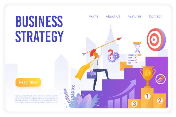 Vector illustration of Business strategy flat vector landing page template. Office worker wearing Roman headwear aiming at target, fighting for success metaphor. Company development plan website page design layout.