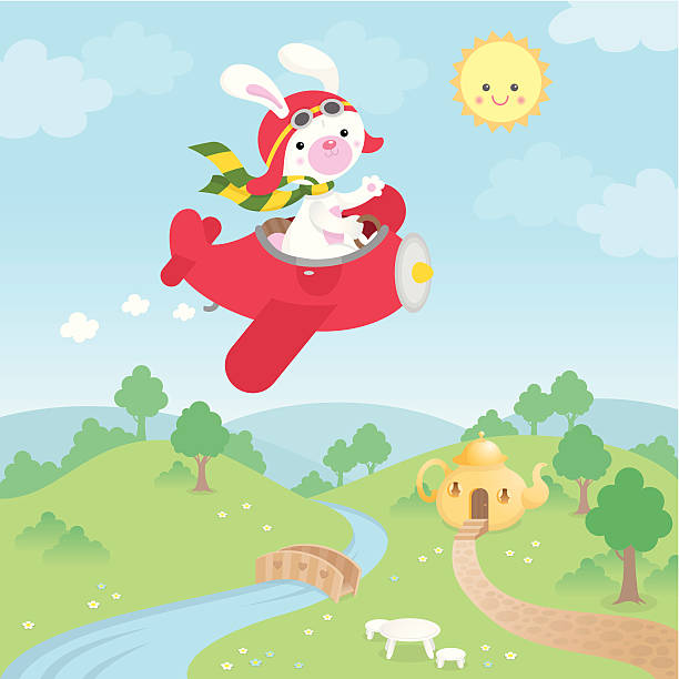 Cute kawaii bunny airplane vector art illustration