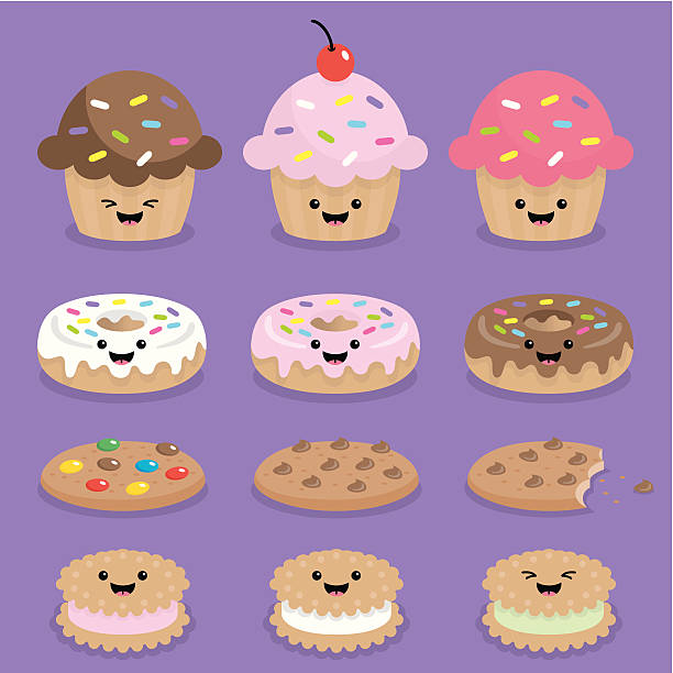 ilustraciones, imágenes clip art, dibujos animados e iconos de stock de linda kawaii magdalenas con glaseado, rosquillas y las cookies - kawaii