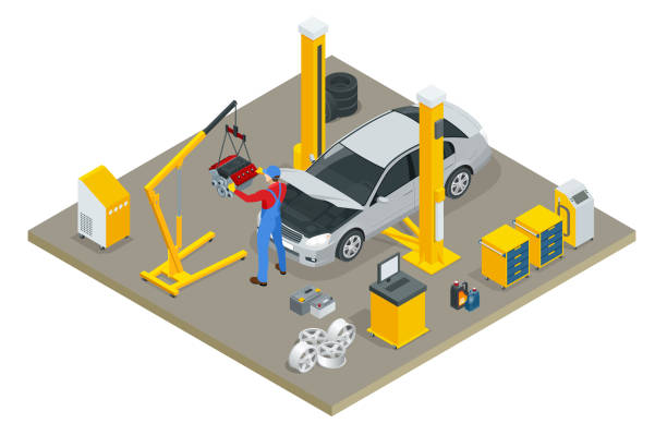изометрическая служба диагностики и ремонта транспортных средств технического обслуживания автомобилей. автосервис автомобильный двига� - рука поднятая stock illustrations