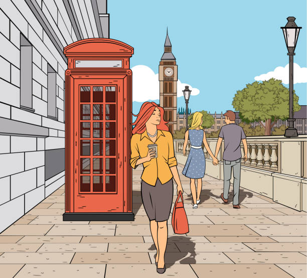 ilustrações de stock, clip art, desenhos animados e ícones de woman walking on london street. - telephone booth telephone pay phone telecommunications equipment