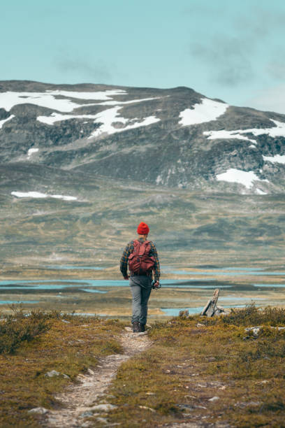 istock Man walking towards the mountains 1182461575