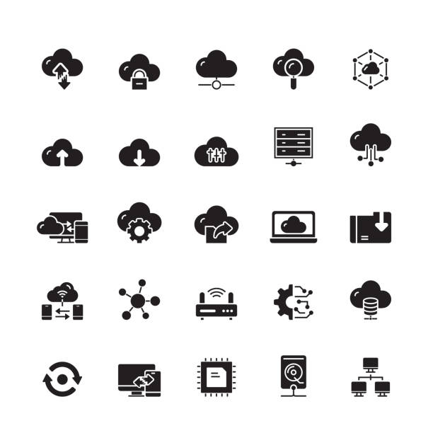 ilustrações, clipart, desenhos animados e ícones de nuvem que computa ícones relacionados do vetor - wireless technology transfer image cloud symbol