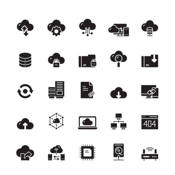 ilustraciones, imágenes clip art, dibujos animados e iconos de stock de iconos vectoriales relacionados con el alojamiento en la nube - downloading computer data exchanging