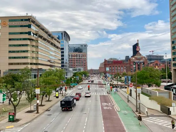 Baltimore, Maryland - Sept. 26, 2019: Overhead view of Pratt Street in downtown Baltimore, Maryland near the popular Inner Harbor