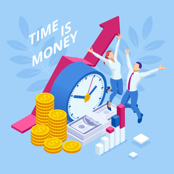 Time is money isometric concept. Business financial ideas, alarm clock and stack of coin. Time management planning, Deadline. Time is money isometric concept. Business financial ideas, alarm clock and stack of coin. Time management planning, Deadline retirement plan document stock illustrations
