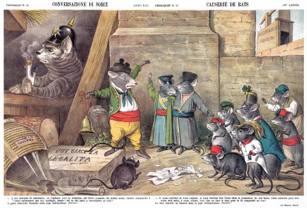 Conversation of mice, satirical cartoon weekly of 1885. by Augusto Grossi for a weekly publishing by Il Papagallo magazine domestic cat greece stock illustrations