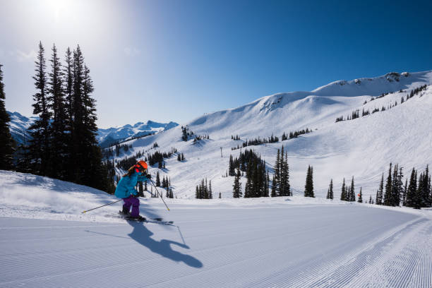 istock Woman skiing a freshly groomed run 1182463153