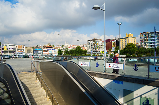 Istanbul, Turkey - September, 2018: Entrance to Yenikapi metro station. Escalator and stairs to underground station. Stairs to subway station.
