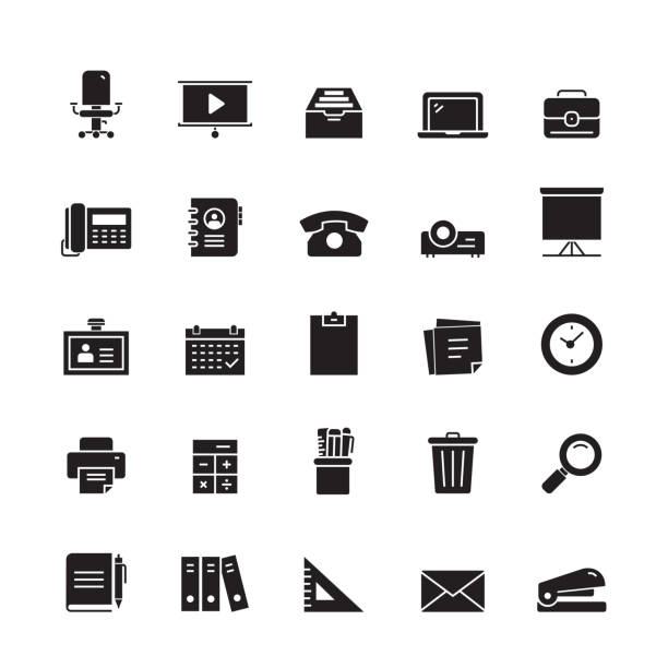 illustrazioni stock, clip art, cartoni animati e icone di tendenza di icone vettoriali relative alle forniture per ufficio e agli elementi decorativi - symbol computer icon calendar icon set