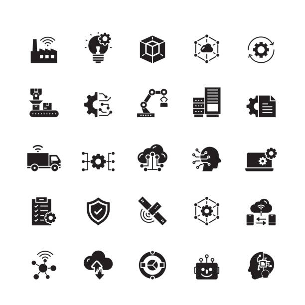 ilustraciones, imágenes clip art, dibujos animados e iconos de stock de iconos vectoriales relacionados con la industria 4.0 - manufacturing