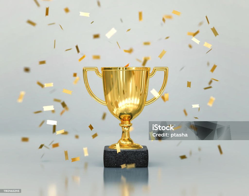 Gouden Winnaars Trophy Kampioen Beker Met Vallende Confetti Stockfoto En  Meer Beelden Van Trofee - Istock
