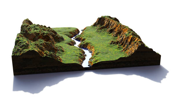 Photo of cross section of ground with hills, river and meadows (3d rendering, isolated with shadow on white background)