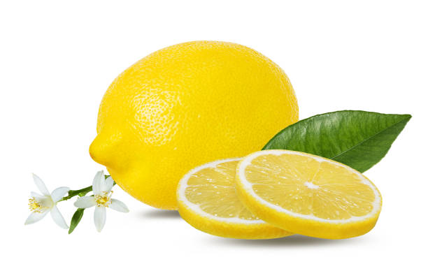 istock Lemon and slices with leaf and flower isolated on white background with clipping path 1182466245