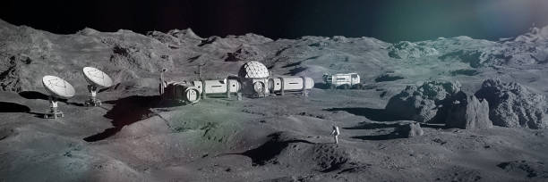 istock astronaut on Moon surface, lunar landscape with permanent base (3d space illustration banner) 1182466295
