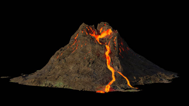istock volcano eruption, lava coming down a mountain, isolated on black background 1182466321