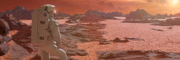 astronaut on planet mars watching the rising sun (3d science illustration banner) - spacewoman imagens e fotografias de stock