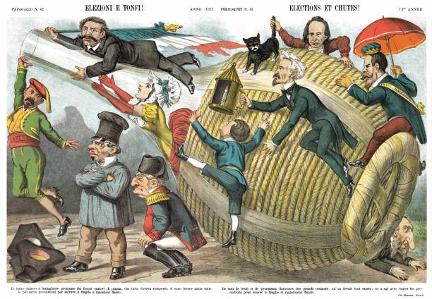 illustrazioni stock, clip art, cartoni animati e icone di tendenza di elezioni e tonf!, settimanale satirico del 1885. - italian elections