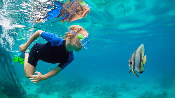 Little boy in snorkeling mask dive underwater with tropical fishes Happy family - active kid in snorkeling mask dive underwater, see tropical fish Platax ( Batfish ) in coral reef sea pool. Travel adventure, swimming activity on summer beach vacation with child. batfish platax stock pictures, royalty-free photos & images