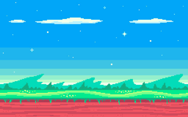ilustrações de stock, clip art, desenhos animados e ícones de cute meadow area with clouds, stars and mountains. - gaming background
