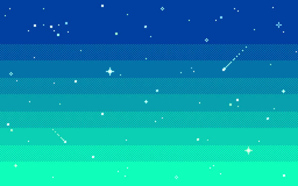 ilustraciones, imágenes clip art, dibujos animados e iconos de stock de cielo de estrellas de arte pixel por la noche. ilustración vectorial. - bit