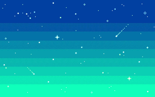 Pixel art star sky at evening. Vector illustration. Pixel art star sky at evening. Starry night sky seamless backdrop.Vector illustration. pixelated illustrations stock illustrations