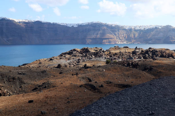 Volcanic Landscape Hike in Santorini stock photo