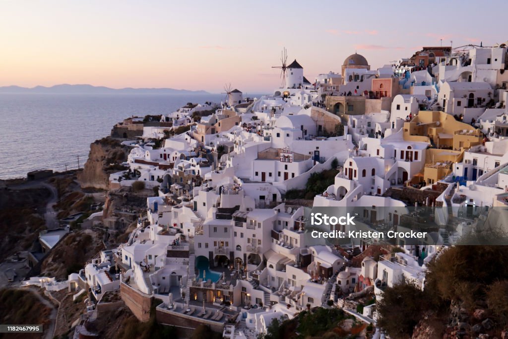 Oia Santorini at Sunset Oia Santorini at Sunset in October Aegean Sea Stock Photo